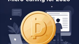 Футуристическая иллюстрация трендов микрозаработка в Dogecoin на 2026 год от сервиса Криптоноид Коин